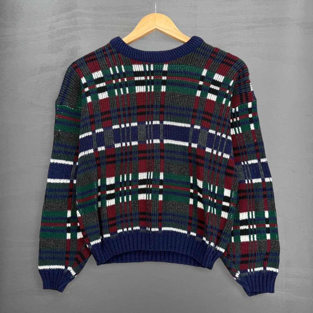 Vintage Cadet Boys Club Sweater Multi-Color Plaid Knit Crewneck Size 14-16